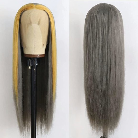 Grey Wig Yellow Streak Lace Front Wigs
